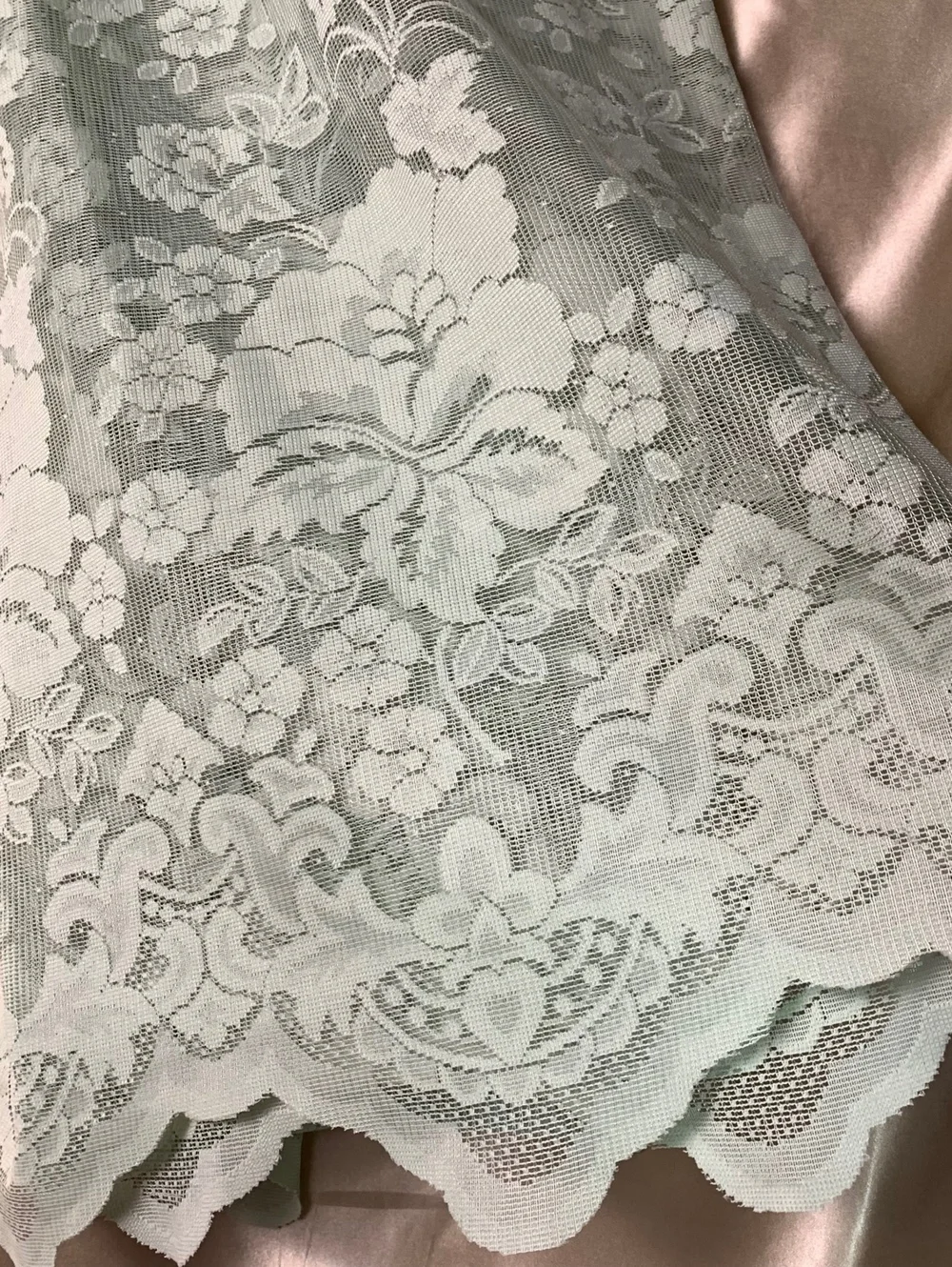 Vintage Mint Green Net Lace Window Curtain Panel Scalloped Edge Floral Victorian